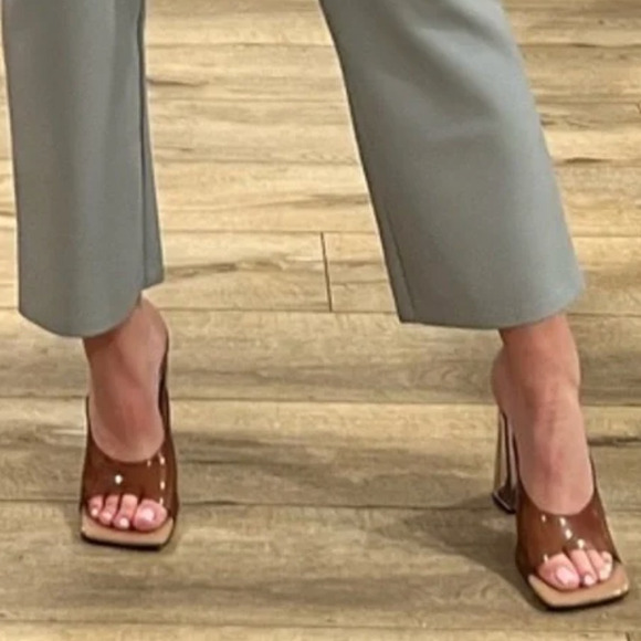 ZARA Womans 11.5 VINYL Sandals Slip On LUCITE Clear Heels Square Toes Brown - Picture 2 of 8